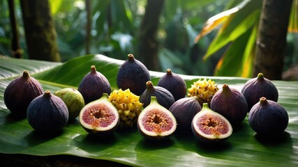 Poster - A vibrant display of fresh figs and tropical fruits on a green leaf in a lush environment.