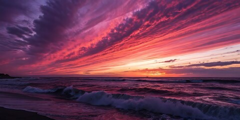 Poster - Stunning sunset with vibrant purple clouds over the ocean waves.