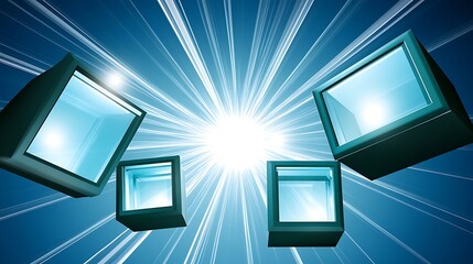 Poster - Blue abstract geometric shapes radiate light against a blue background