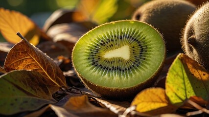 Poster - A sliced kiwi rests among autumn leaves, showcasing its vibrant green interior.
