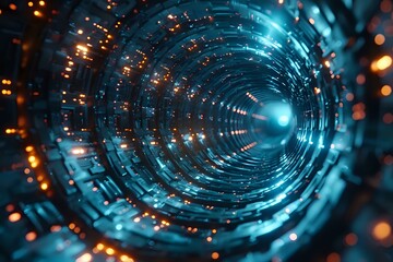 Poster - futuristic circular tunnel with glowing blue light and orange particles creating dynamic motion effe
