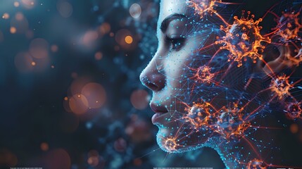 Poster - Young Asian woman profile with glowing orange neural network patterns and particles emerging from face against dark blue background with bokeh light effects.