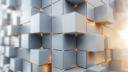 Poster - Abstract illustration of overlapping white cubes with golden light