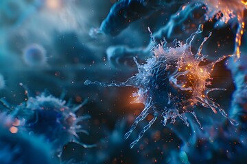 Poster - Microscopic view of virus cell in deep blue and orange colors with detailed spikes and particles floating in dark background, dramatic scientific visualization.
