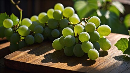 Poster - Fresh green grapes arranged on a wooden surface, showcasing their natural beauty.
