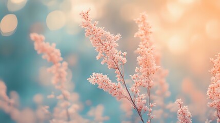 Poster - Delicate pink blossoms against blurred turquoise background with soft bokeh lights create dreamy spring atmosphere for nature and wedding photography.