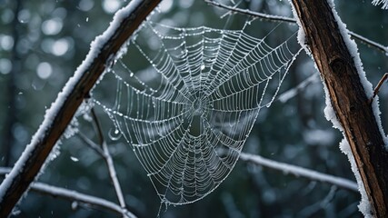 Poster - A spider web covered in dew, suspended between branches in a serene forest setting.