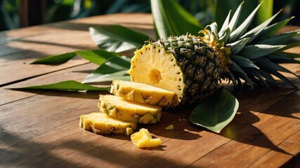 Poster - A fresh pineapple cut into slices on a wooden table surrounded by green leaves.