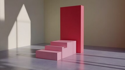 Poster - Pink stairs and a red structure against a wall with shadows