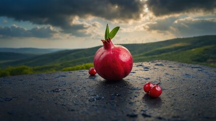 Poster - A pomegranate with leaves and berries on a textured surface, set against a scenic landscape.
