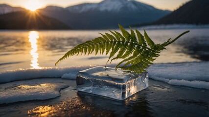 Poster - A frozen block of ice with a fern resting on it, set against a serene lake at sunset.