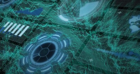 Poster - Futuristic digital interface with circular patterns and green wave animations