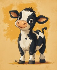 Poster - A Cartoon Cow in a Medium Shot, Simple Hand-Drawn Children's Illustration with Minimalist Lines