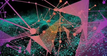 Poster - animation of colorful geometric shapes and lines creating digital network pattern