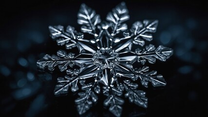 Poster - A close-up of a detailed snowflake against a dark background, showcasing its intricate structure.