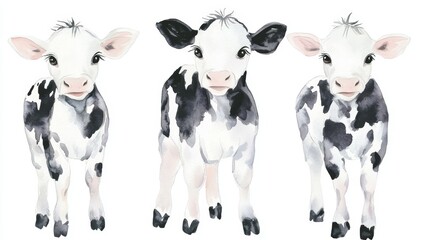 Leinwandbilder - Adorable Watercolor Cute Baby Cow Clipart On Isolated Background For Simple Minimal Kids Story Book Illustrations With Black And White Colors