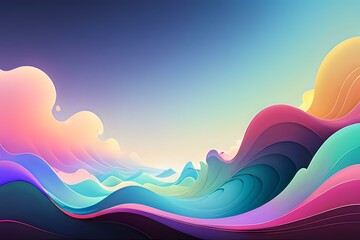 Poster - Vibrant flowing waves in gradient colors create dynamic abstract landscape with pink, purple, turquoise and yellow curves against fading sky background.