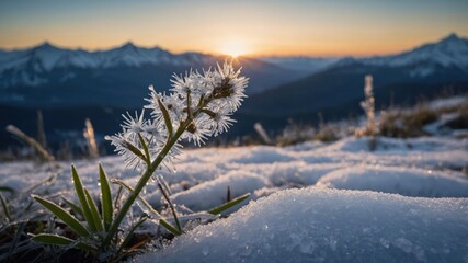 Poster - A close-up of a frosty plant against a snowy landscape at sunrise.