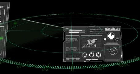 Poster - Futuristic digital interface displaying graphs, charts, and rotating globe animation