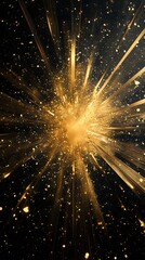Poster - Spectacular golden light burst with radiating beams and glowing particles against dark background, creating dramatic cosmic explosion effect.