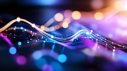 Poster - glowing wavy lines with sparkles and bokeh effects in blue and purple colors create magical abstract