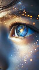Poster - Magical close-up of eye with universe reflection and golden sparkles, showing cosmic energy and spiritual awakening concept against dark blue background.