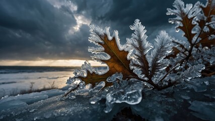 Poster - A close-up of an icy leaf against a dramatic winter sky by the water.