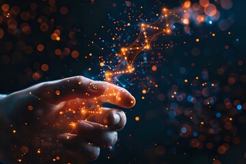 Poster - Magical touch with glowing orange and blue particles streaming between fingers against dark background, creating ethereal light trail effect and bokeh.