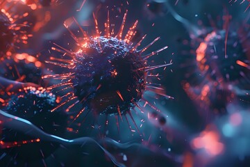 Aufkleber - Microscopic virus cell with spiky surface illuminated in dramatic red and blue lighting, showing detailed molecular structure against dark background.