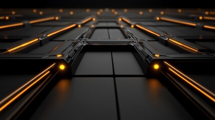 Poster - Futuristic abstract design with glowing orange linear elements and squares
