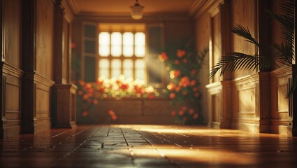 Wall Mural - bright sunlight streams through a hallway adorned with blooming flowers, creating a serene atmospher