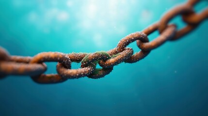 Poster - Rusty chain links submerged in water, showcasing texture and bubbles, creating a serene underwater effect.