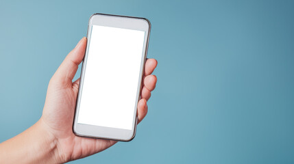 Poster - A hand holding a smartphone with a blank screen against a light blue background.