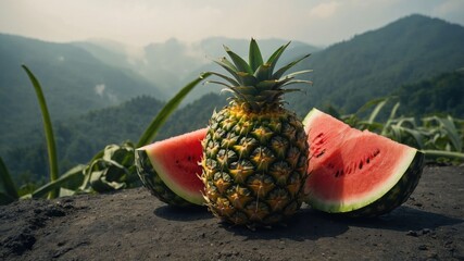Poster - A pineapple and watermelon slices set against a mountainous landscape.
