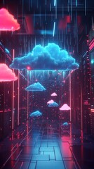 Poster - futuristic digital landscape with neon clouds and rain
