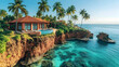 © budi - Coastal resort with a serene pool overlooks the turquoise sea amidst palm trees on the edge of a cliff on a bright sunn