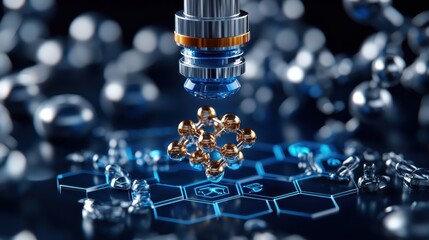 Aufkleber - A blue and gold object is being formed from a cluster of small, metallic spheres