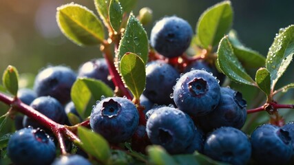 Poster - Fresh blueberries on a branch with leaves, glistening with dew in natural light.