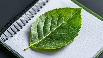 Poster - A leaf is on top of a spiral notebook