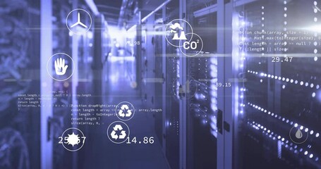 Poster - data processing animation over server room with environmental icons and statistics
