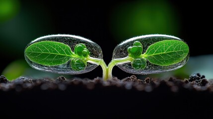 Poster - Two small green leaves are growing in a dark background