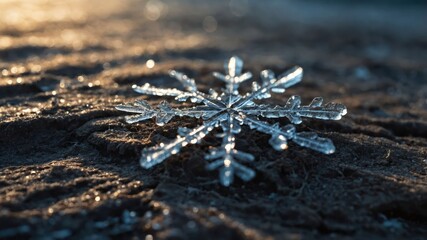 Poster - A close-up of a snowflake resting on a textured surface, showcasing its intricate design.