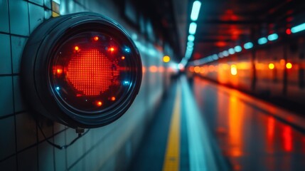 Aufkleber - A bright red signal light stands as a warning in an urban underground transport station, highlighting the importance of safety and compliance during late night operations in bustling transit networks.