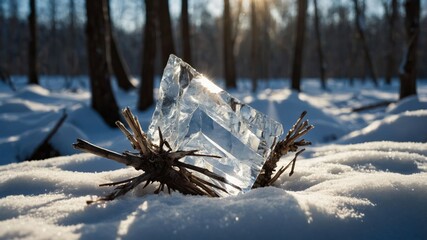 Poster - A crystal block rests on snow, surrounded by trees, reflecting sunlight in a serene winter landscape.