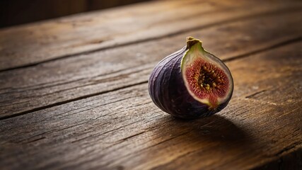 Poster - A fresh fig resting on a wooden surface, showcasing its vibrant colors and texture.
