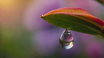 Poster - A close-up of a leaf with a water droplet reflecting colorful backgrounds.