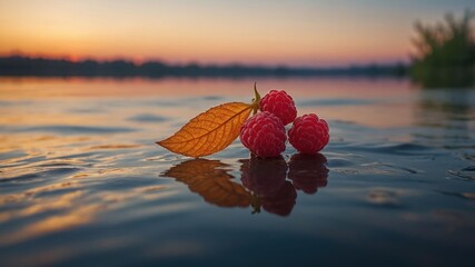 Poster - A serene scene featuring raspberries and a leaf floating on water at sunset.