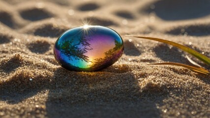 Poster - A colorful, reflective egg-shaped object resting on sandy ground with natural elements.