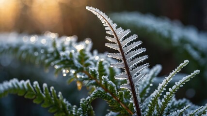 Poster - A close-up of a frosted fern leaf glistening in soft morning light.