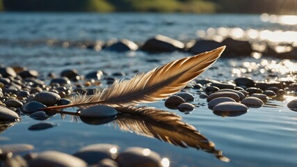 Poster - A feather rests on smooth stones by a shimmering water surface.